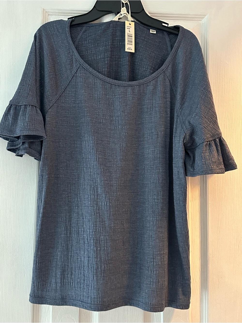 Max Studio Navy Scoop Neck Short Sleeve Top with Ruffle Sleeves
